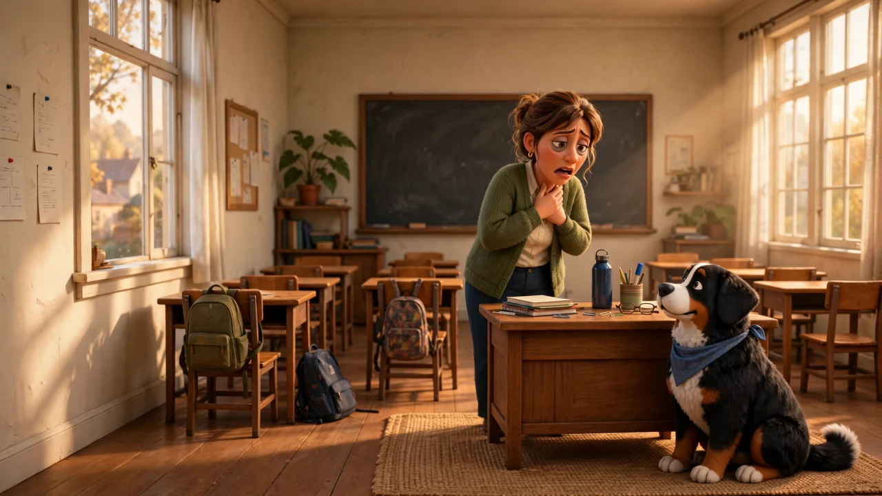 Una profesora en una sala de clases, acompañada por Rhino.