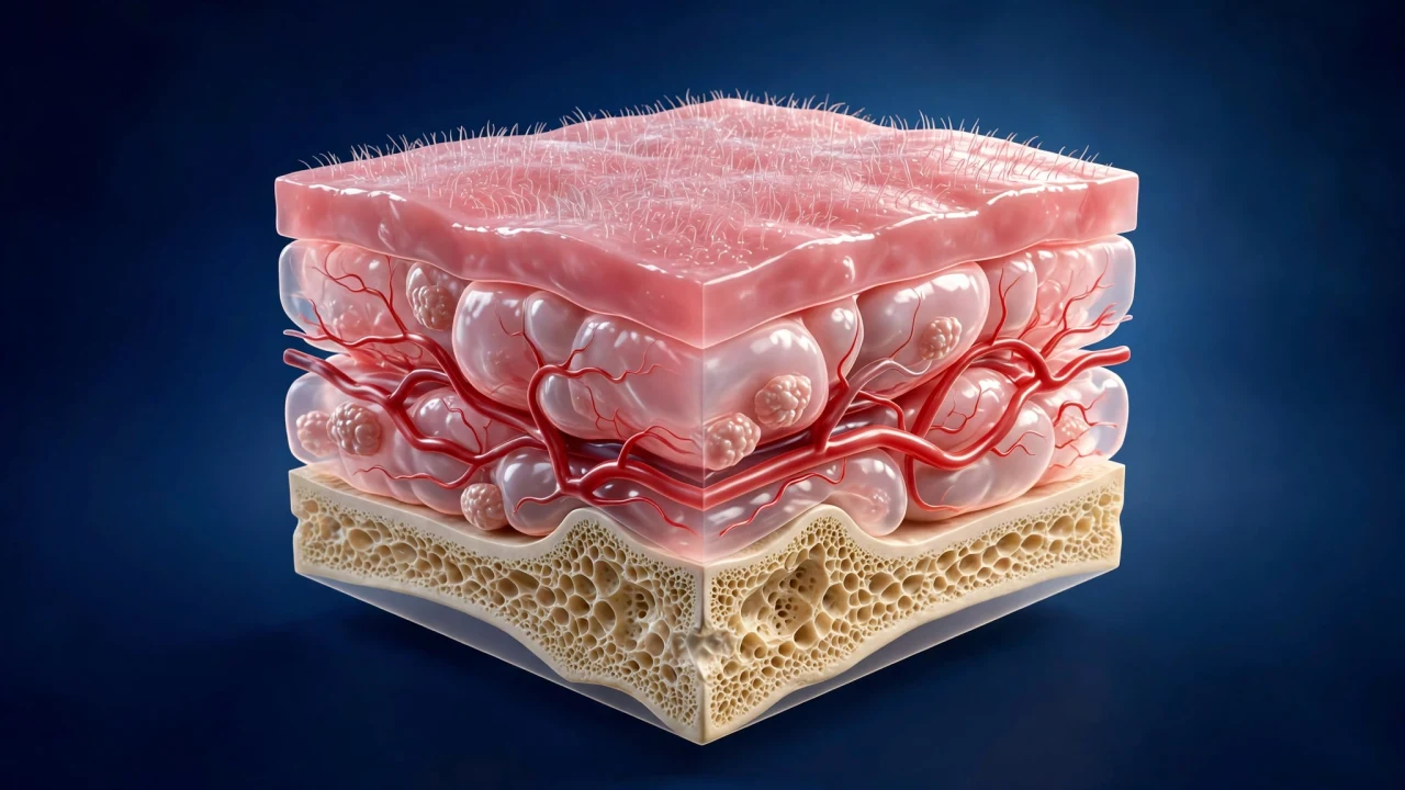Corte de tejido: mucosa ciliada arriba, vasos en la submucosa y hueso abajo.