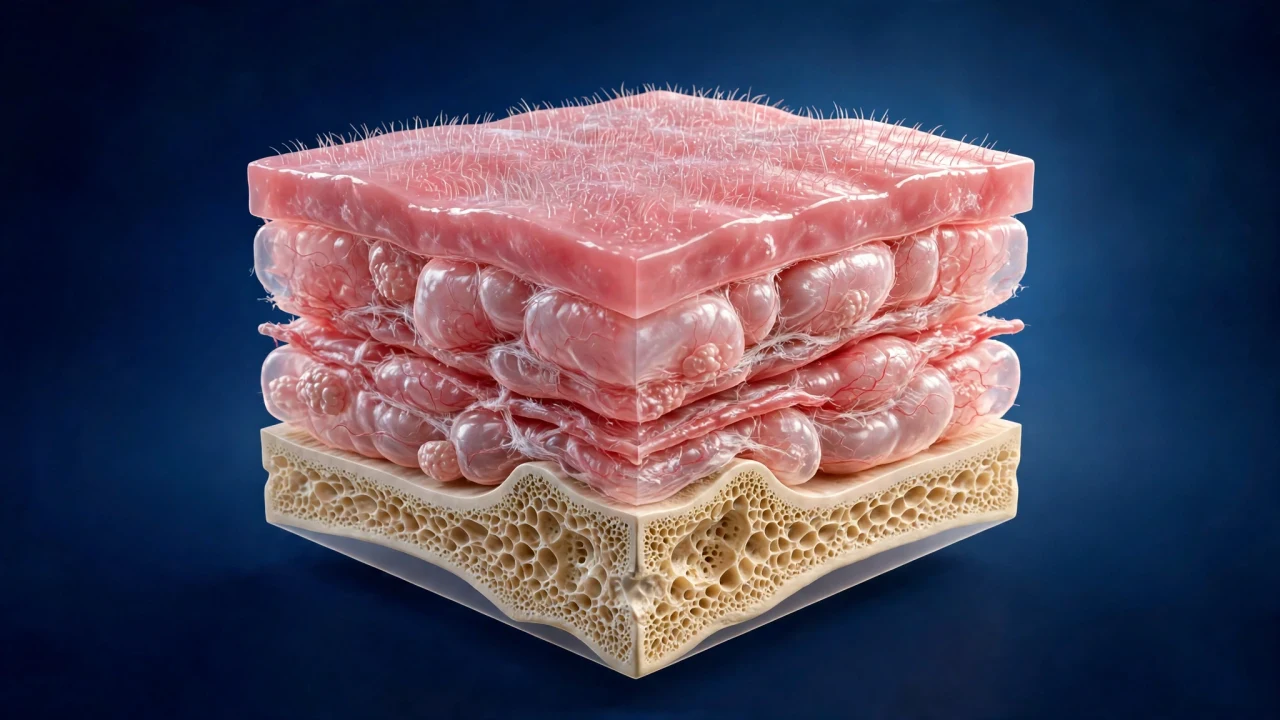 Corte de tejido: mucosa ciliada arriba, vasos en la submucosa y hueso abajo; tejido retraído.
