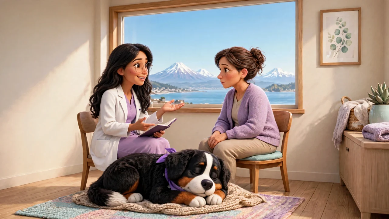 La doctora conversa en consulta con una persona y Otto.