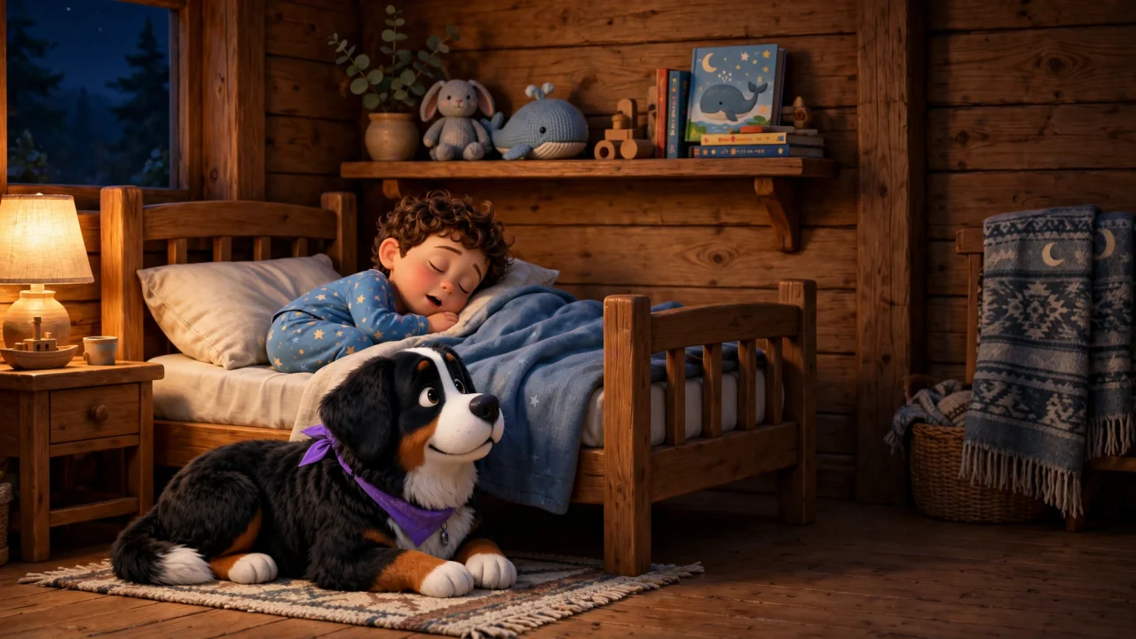 Ilustración de Muse: un niño duerme y Otto permanece al lado de su cama.