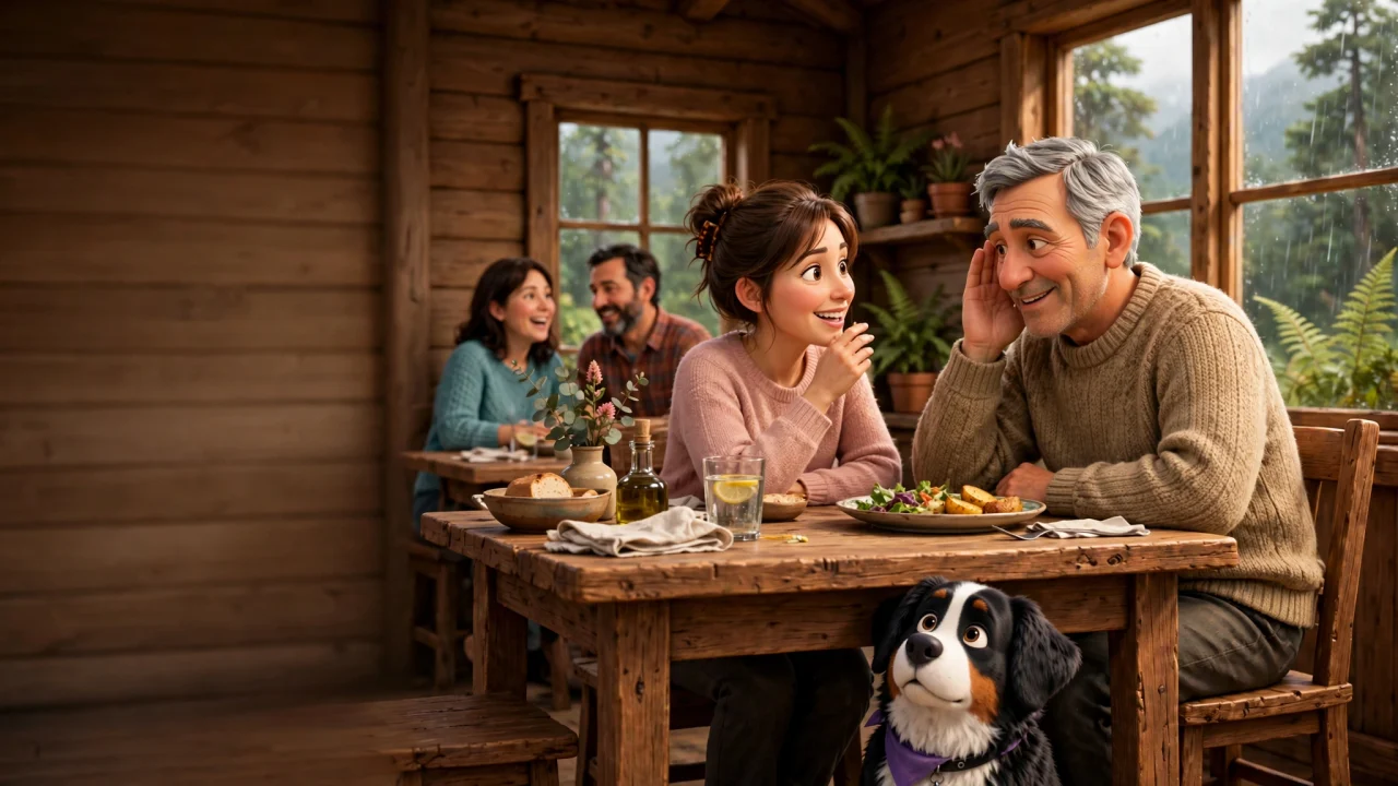 Una familia conversa durante el almuerzo mientras Otto acompaña a la mesa.
