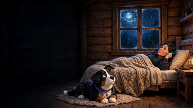 Una mujer despierta de noche; Otto la acompaña a los pies de la cama.