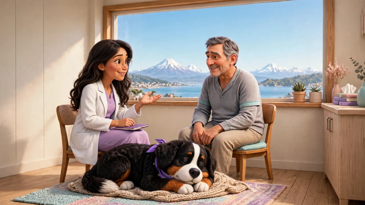 La doctora conversa con una persona en consulta, acompañadas por Otto.