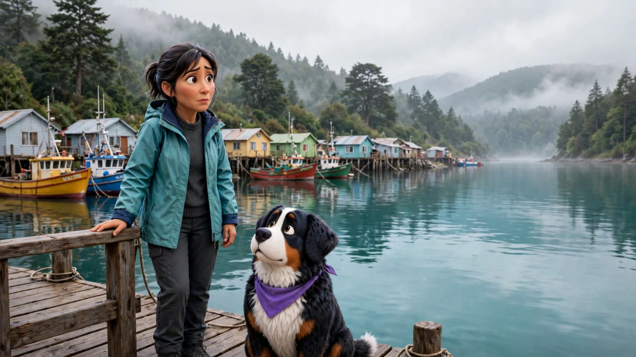 Una persona y Otto sobre un muelle junto al agua.